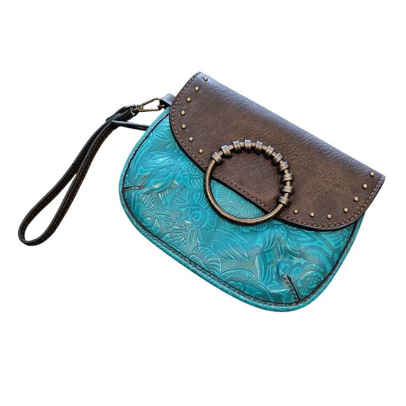 Tony Lama Leather Satchel Wristlet Bag Vintage Western Purse Embossed Tool Work - Picture 1 of 5